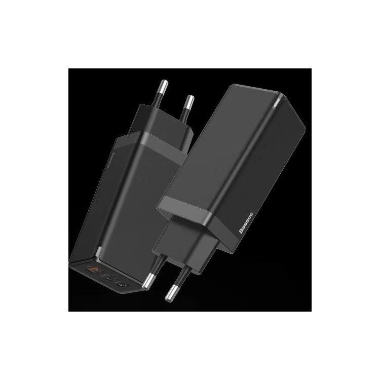 BASEUS Gan Portable Quick Travel Charger C+C+A 65W for iPhone Samsung etc. EU Plug / Black