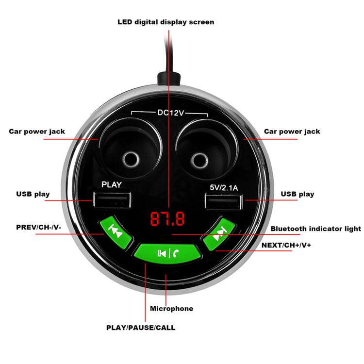 A23 Multi-functional Cigarette Lighter Bluetooth FM Transmitter Dual USB Car Charger Car Kit - Green-2