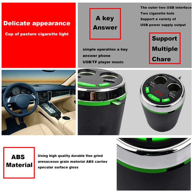 A23 Multi-functional Cigarette Lighter Bluetooth FM Transmitter Dual USB Car Charger Car Kit - Green-4
