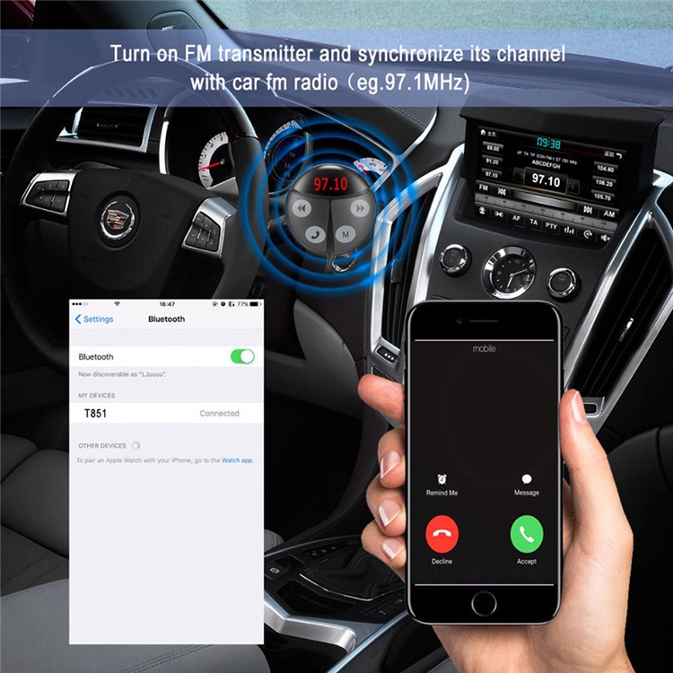 T851 12-24V Wireless Bluetooth FM Transmitter MP3 Player USB Charger Car Kit - Black-2