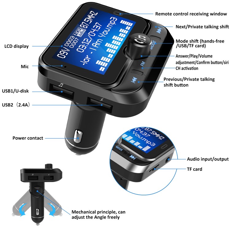 BC32 Bluetooth FM Transmitter Dual USB Car Charger Support USB Drive TF Card Aux - Black-6