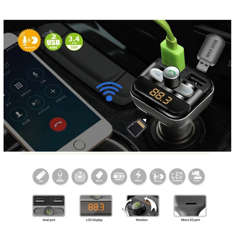 BT20 Bluetooth carro mãos-livres transmissor FM + dual USB carregador de carro cartão de suporte tf - cinza-7