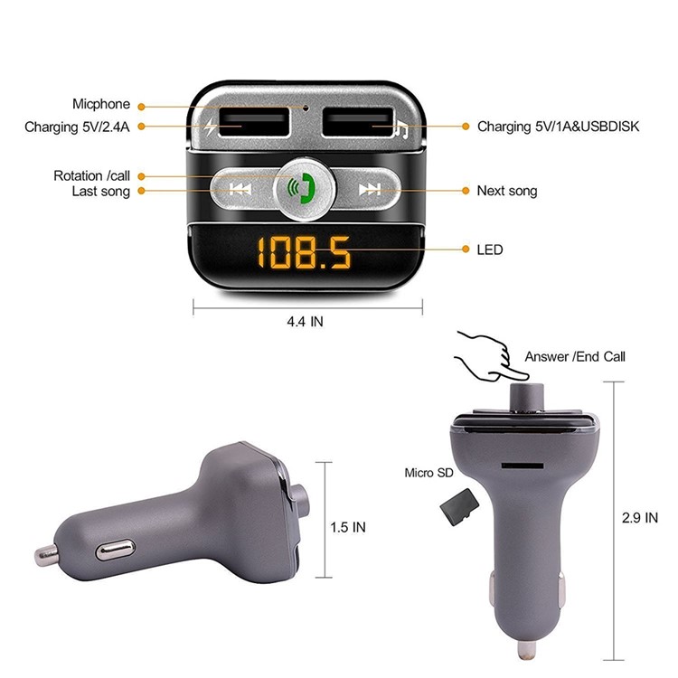 BT20 Bluetooth Car Transmissor FM mãos-livres + Dual USB Carregador de carro MP3 Player Support TF Card - Preto-10