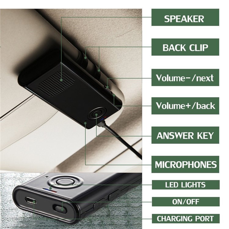 Bluetooth 4.1 Sun Visor Car Speakerphone A2DP Streaming Hands-Free Car Kit - Black-5
