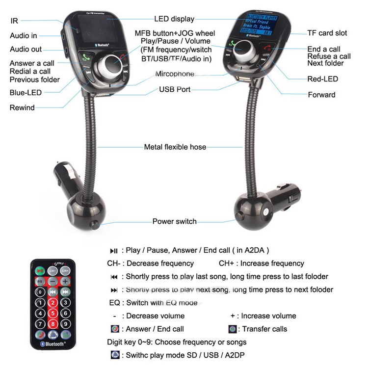 BT002 Bluetooth Car MP3 Audio Player FM Transmitter with Remote Control LCD Screen USB Charger-12