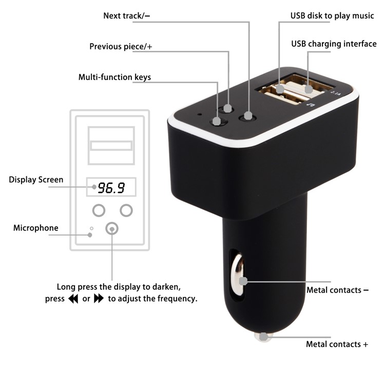 EC7 Smart Car Bluetooth MP3 Player FM Transmitter Dual USB Port Car Charger - Black-2