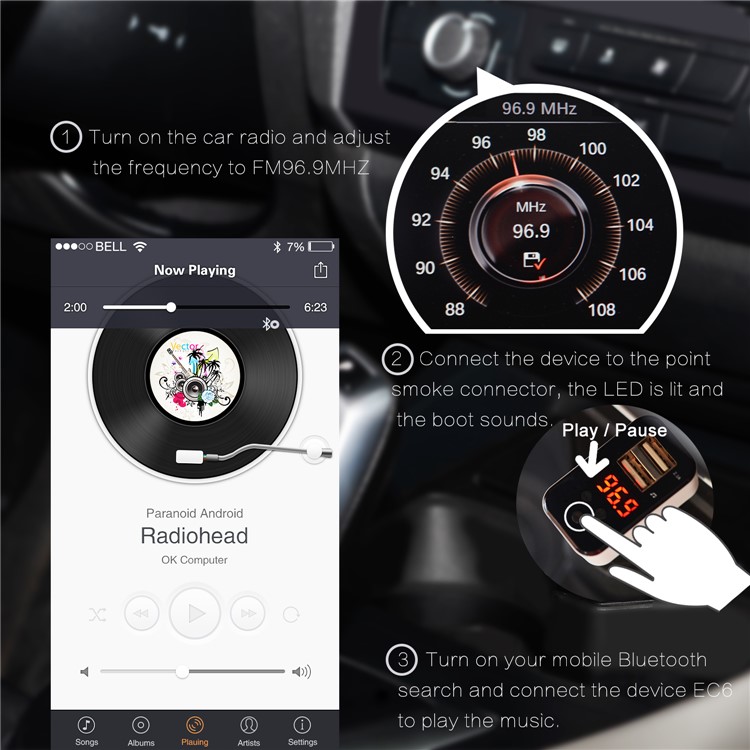 EC7 Smart Car Bluetooth MP3 Player FM Transmitter Dual USB Port Car Charger - Black-3