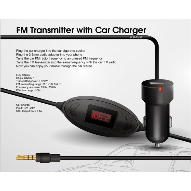 3.5mm Audio Plug Universal FM Transmitter with USB Car Charger for Samsung Note 8 etc.-2