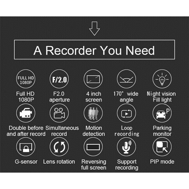 T2 4.0" Dash Cam Car DVR Camera Full HD 1080P Front Camera + Rear view Camera + Inside Camera Three Cameras-9