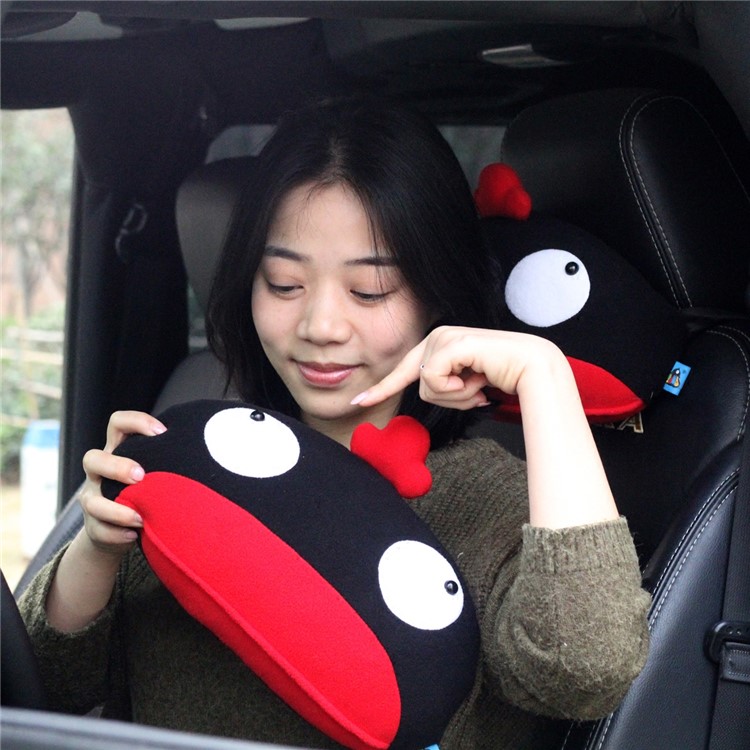 1 Pair Cute Cartoon Pattern Soft Polar Fleece Neck Pillow Car Decor Neck Protection Headrest Pillow - Black / Red-5