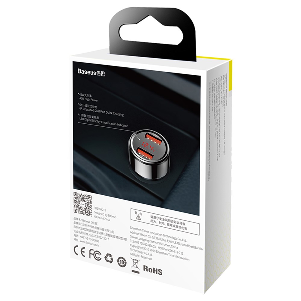 BASEUS 45W Série Mágica Dupla QC Display Digital Inteligente Dupla Rápida Adaptador De Carro De Carga - Preto-10