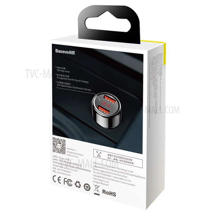 BASEUS 45W Série Mágica Dupla QC Display Digital Inteligente Dupla Rápida Adaptador De Carro De Carga - Preto-12