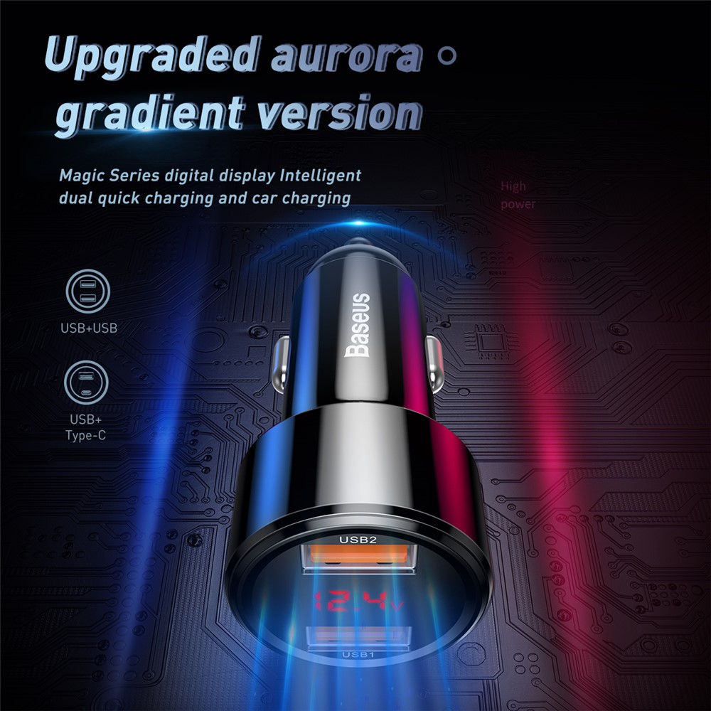 BASEUS 45W Série Mágica Dupla QC Display Digital Inteligente Dupla Rápida Adaptador De Carro De Carga - Preto-2