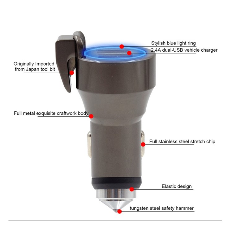 ZUOQI 2 Ports USB Metal Car Charger + Tungsten Steel Safety Hammer + Seat Belt Cutter-8