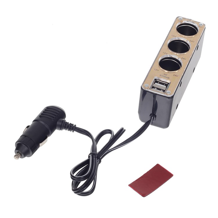 WF-037 Triple Socket Car Cigarette Lighter Splitter Adapter with 2 USB Ports-2