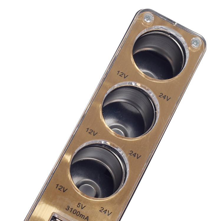 WF-037 Triple Socket Car Cigarette Lighter Splitter Adapter with 2 USB Ports-3