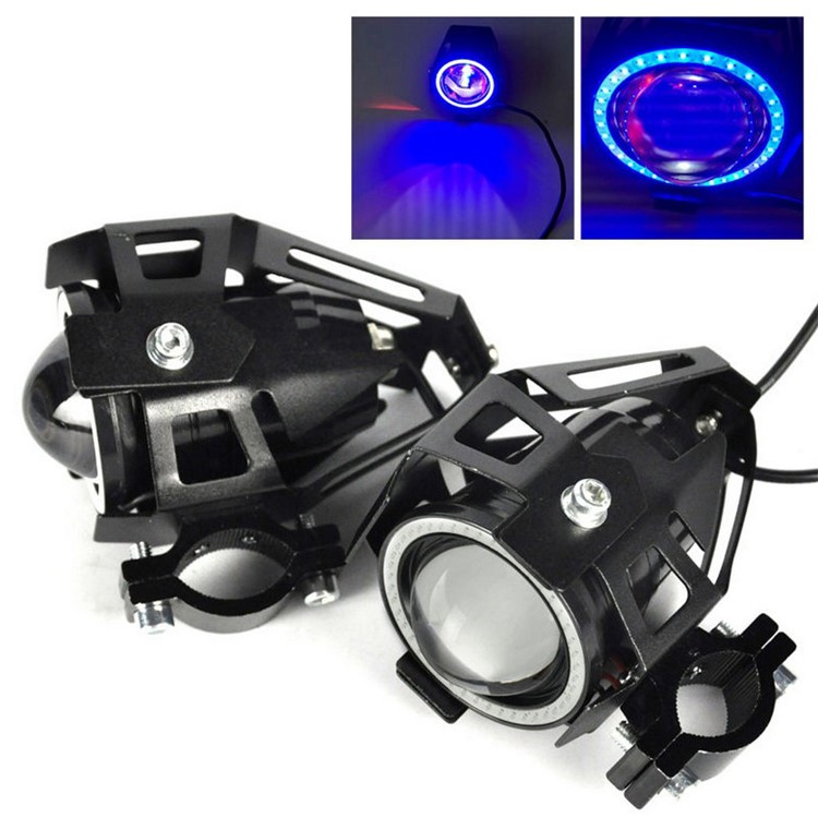 U7 Motorcycle Headlight Angel Eyes Light 125W CREE LED Fog Spotlight + Switch - Blue-7