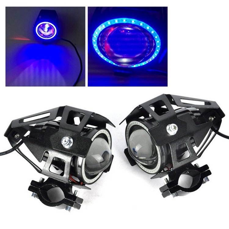 U7 Motorcycle Headlight Angel Eyes Light 125W CREE LED Fog Spotlight + Switch - Blue-9