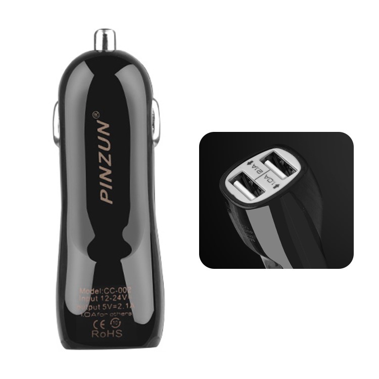 Black PINZUN 2.1A/1A Two USB Mini Car Charger for iPhone iPad Samsung HTC Sony LG Etc Smartphones & Tabs-1