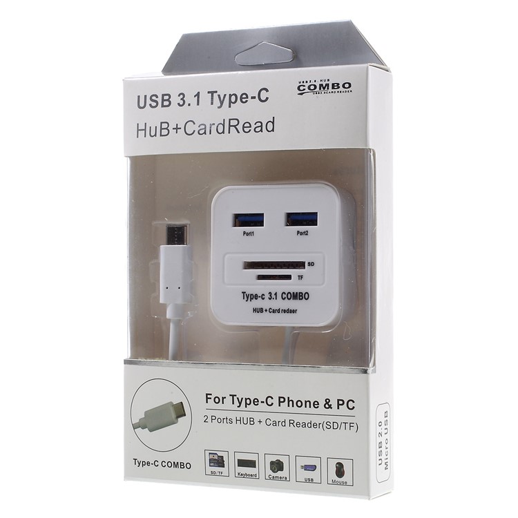 USB-адаптер Типа 3.1 С Двумя Портами USB 2.0 + SD / TF-кард-ридер - Белый-5