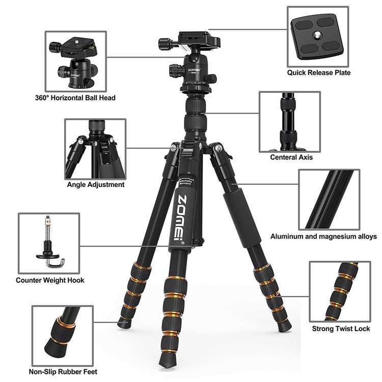 Zomei Q666 Portable Aluminium Alloy Tripod with 360-Degreed Horizontal Ball Head for Cameras Video-6