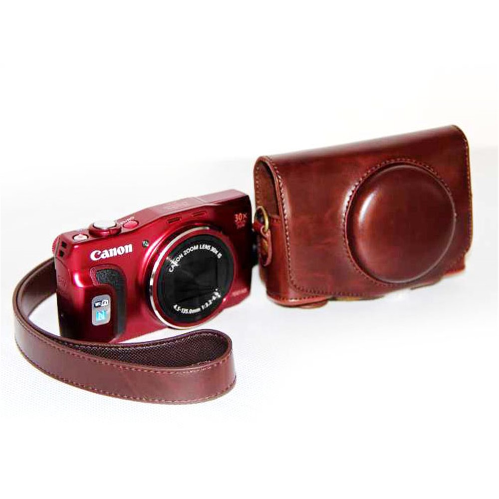 PU Leather Camera Protective Pouch + Shoulder Strap for Canon SX720/ SX700/ SX730/ SX740 HS - Coffee-3