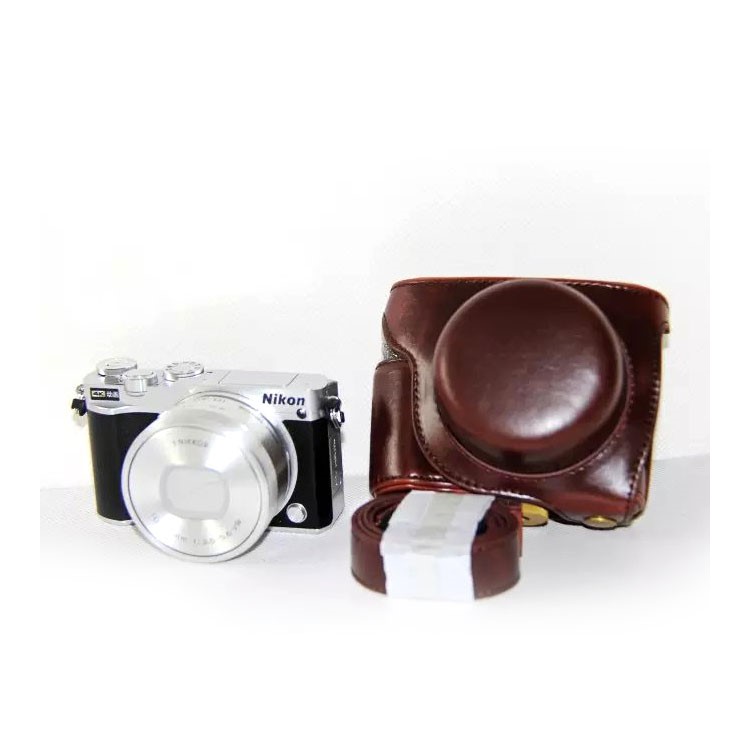 PU Leather Camera Protector Case Shell + Shoulder Strap for Nikon J5 - Coffee-2