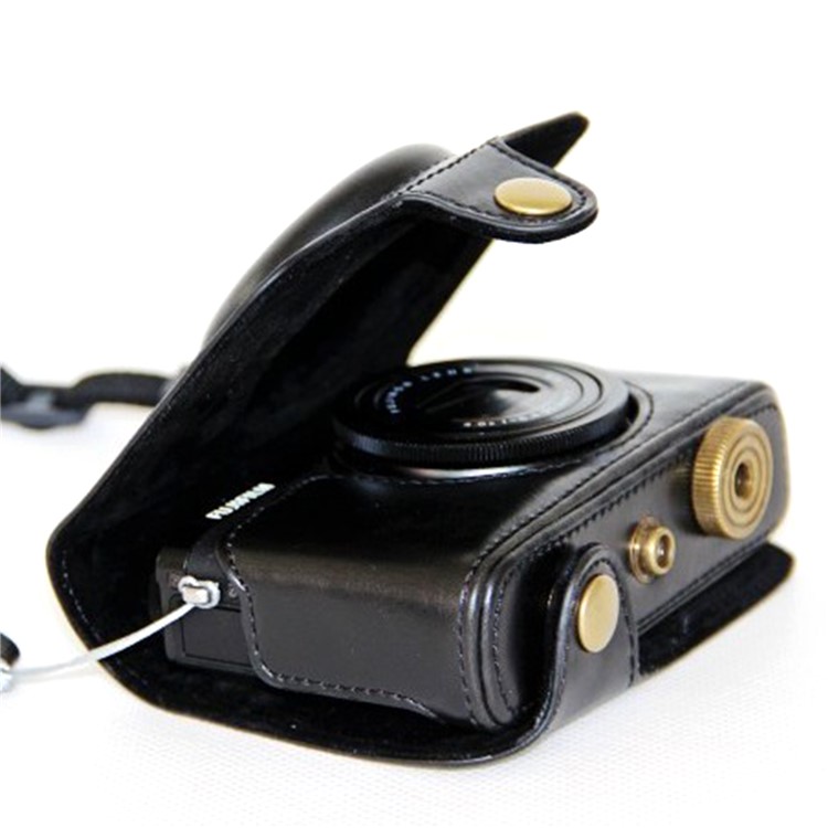 Protective Leather Camera Shell with Shoulder Strap for Fujifilm XQ1/XQ2 - Black-2