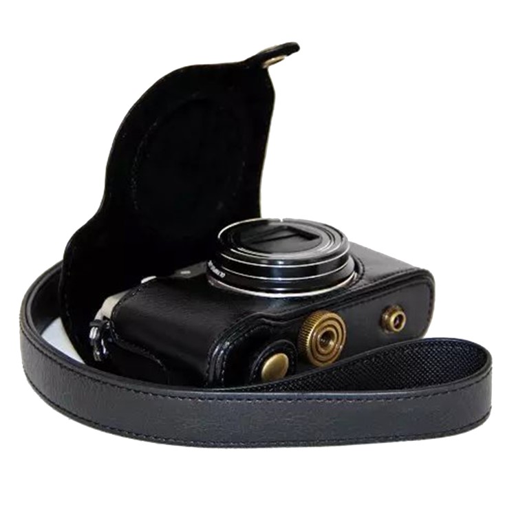 Protective Leather Camera Case with Shoulder Strap for Olympus SH-2/SH-1 - Black-2