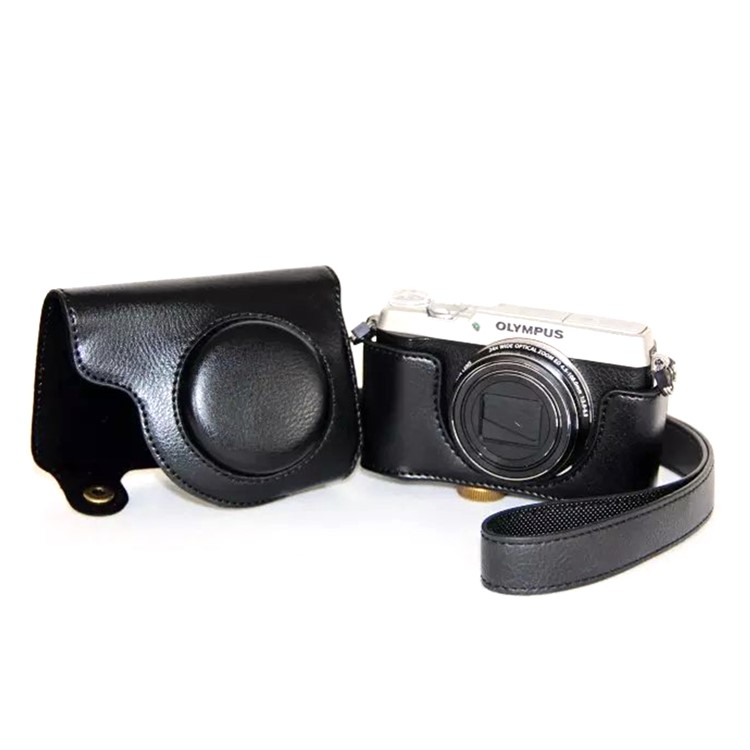 Protective Leather Camera Case with Shoulder Strap for Olympus SH-2/SH-1 - Black-4
