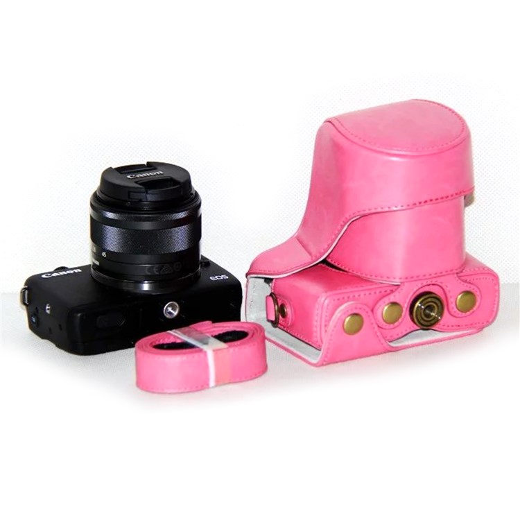 PU Leather Camera Case + Strap for Canon EOSM/EOSM2/EOSM 10 with 15-45mm Lens - Pink-2
