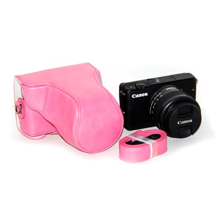 PU Leather Camera Case + Strap for Canon EOSM/EOSM2/EOSM 10 with 15-45mm Lens - Pink-3