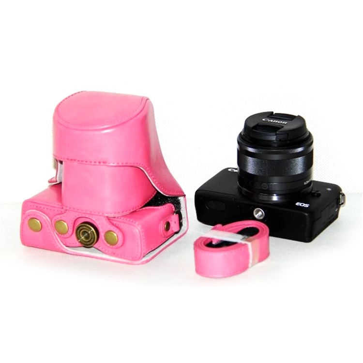 PU Leather Camera Case + Strap for Canon EOSM/EOSM2/EOSM 10 with 15-45mm Lens - Pink-4