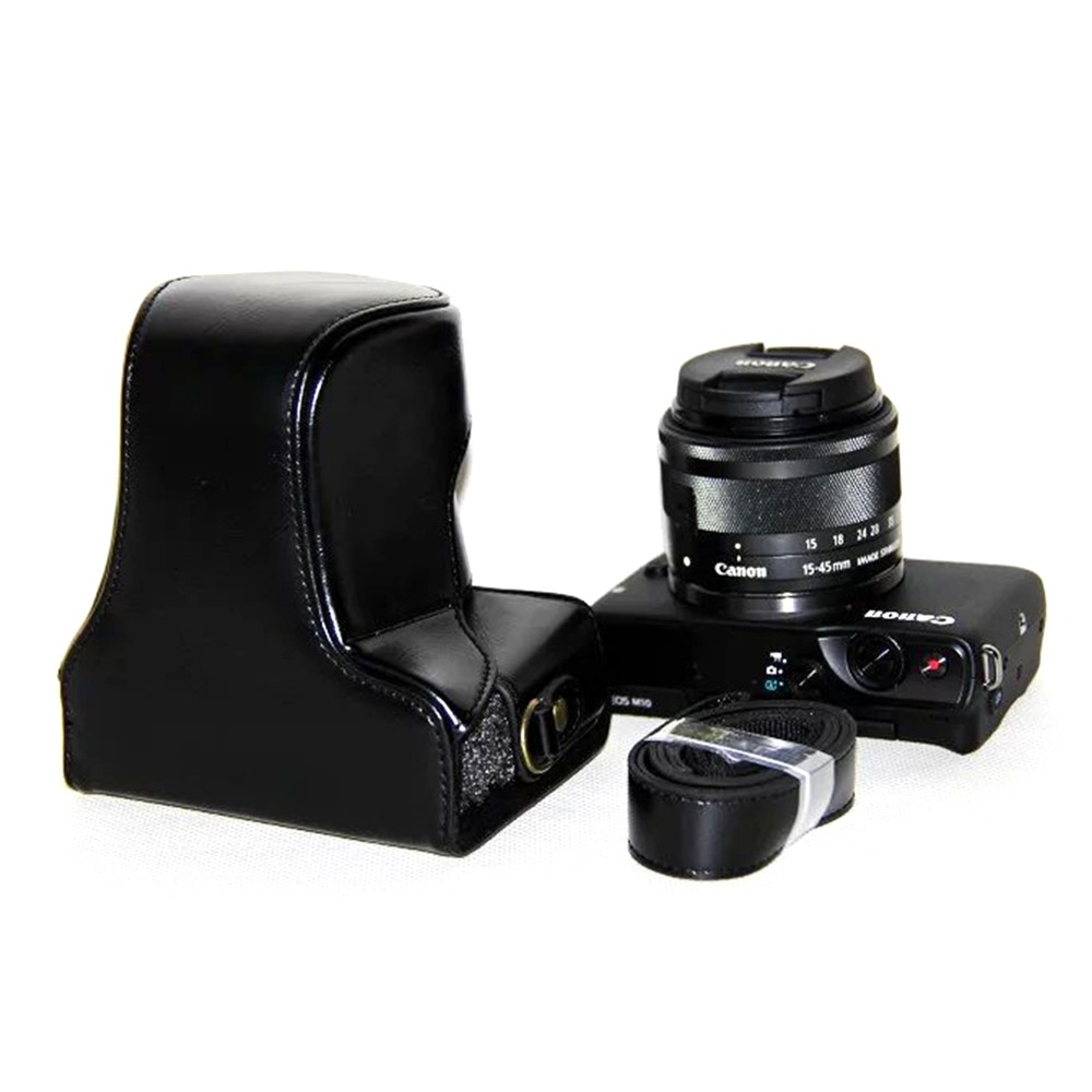 PU Leather Camera Cover + Strap for Canon EOSM/EOSM2/EOSM 10 with 15-45mm Lens - Black-1