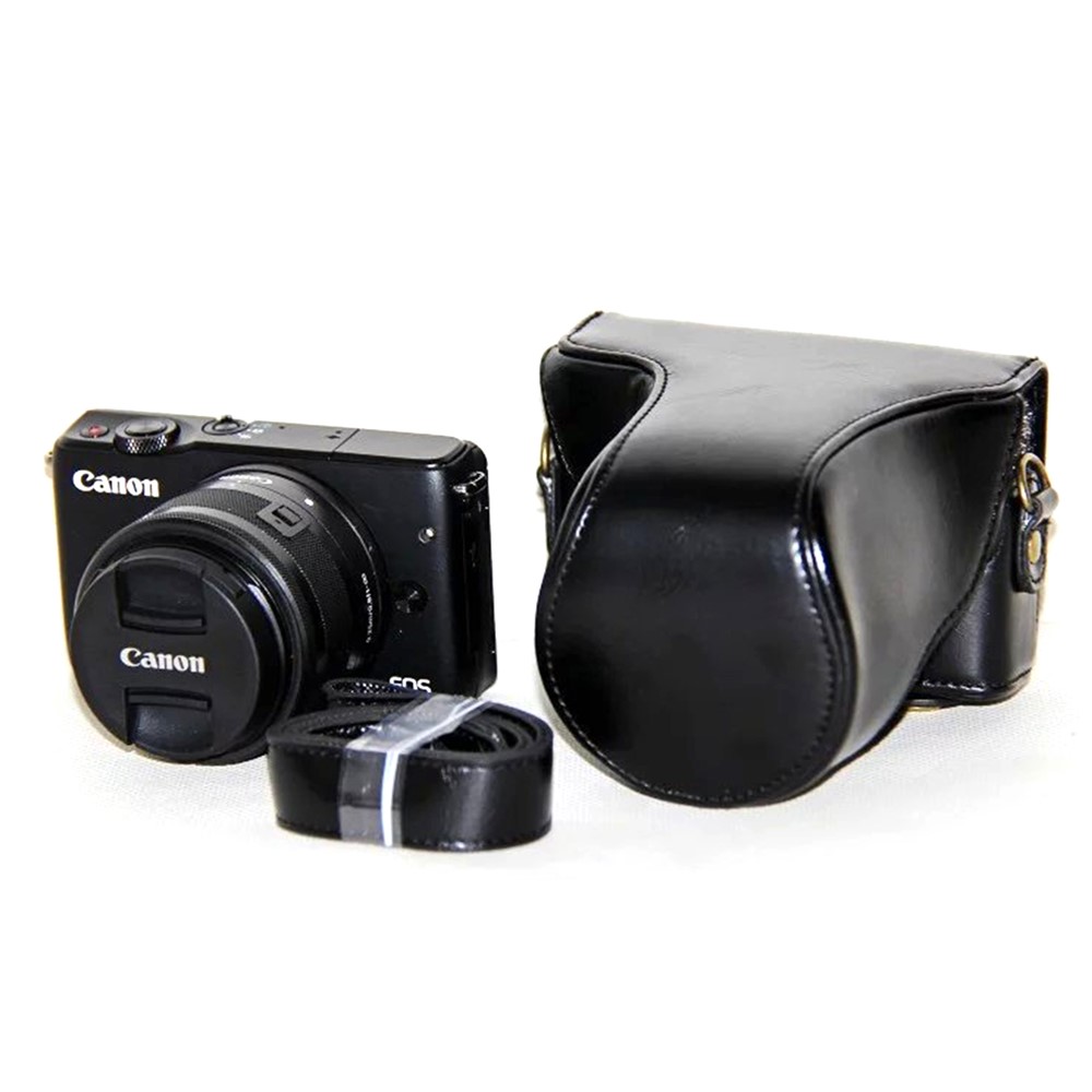 PU Leather Camera Cover + Strap for Canon EOSM/EOSM2/EOSM 10 with 15-45mm Lens - Black-2