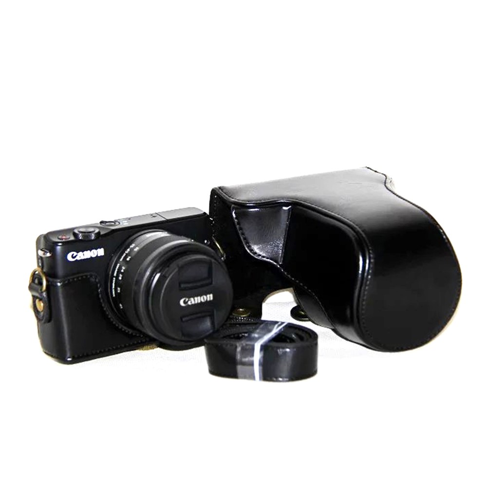 PU Leather Camera Cover + Strap for Canon EOSM/EOSM2/EOSM 10 with 15-45mm Lens - Black-3