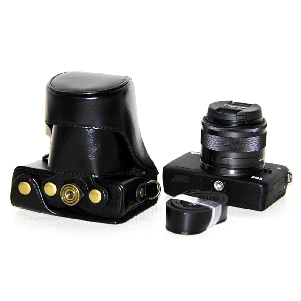 PU Leather Camera Cover + Strap for Canon EOSM/EOSM2/EOSM 10 with 15-45mm Lens - Black-7