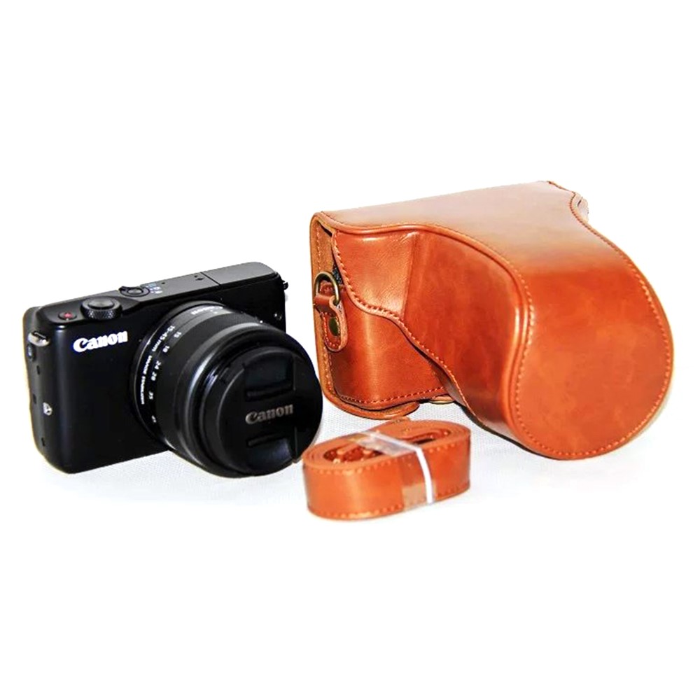 pu en Cuir Camera Protective Case + Sangle Pour Canon Eosm / Eosm2 / Eosm 10 Avec Objectif 15-45 mm - Brun