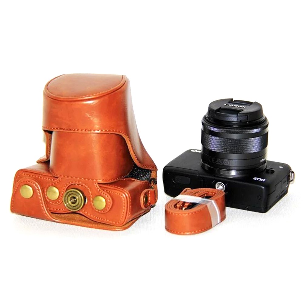 PU Leather Camera Protective Case + Strap for Canon EOSM/EOSM2/EOSM 10 with 15-45mm Lens - Brown-4
