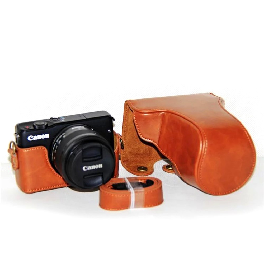 PU Leather Camera Protective Case + Strap for Canon EOSM/EOSM2/EOSM 10 with 15-45mm Lens - Brown-5