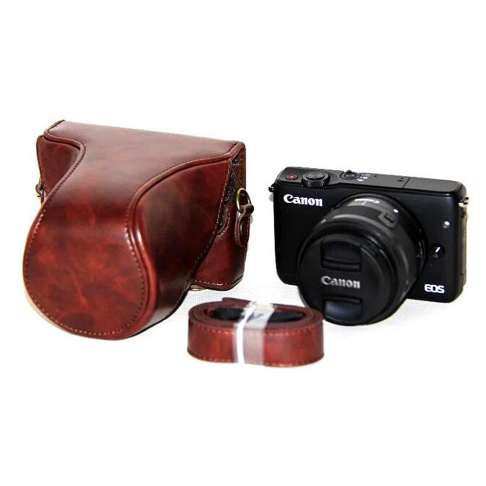 PU Leather Camera Protective Cover + Strap for Canon EOSM/EOSM2/EOSM 10 with 15-45mm Lens - Coffee-1