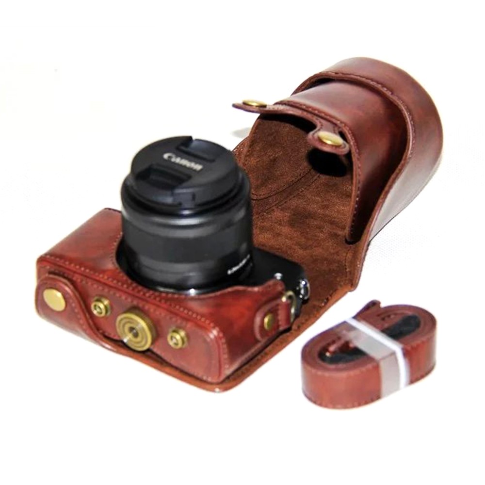 PU Leather Camera Protective Cover + Strap for Canon EOSM/EOSM2/EOSM 10 with 15-45mm Lens - Coffee-2