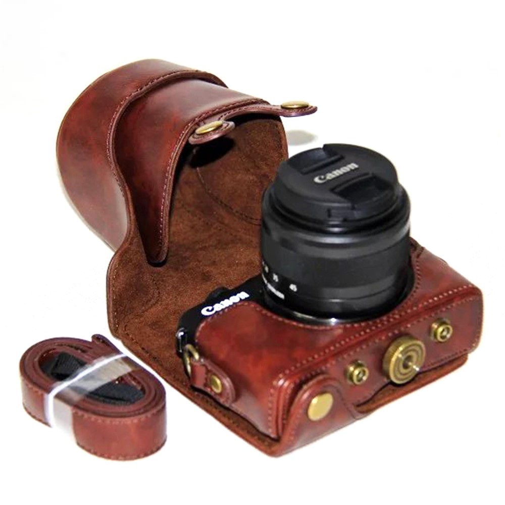PU Leather Camera Protective Cover + Strap for Canon EOSM/EOSM2/EOSM 10 with 15-45mm Lens - Coffee-3