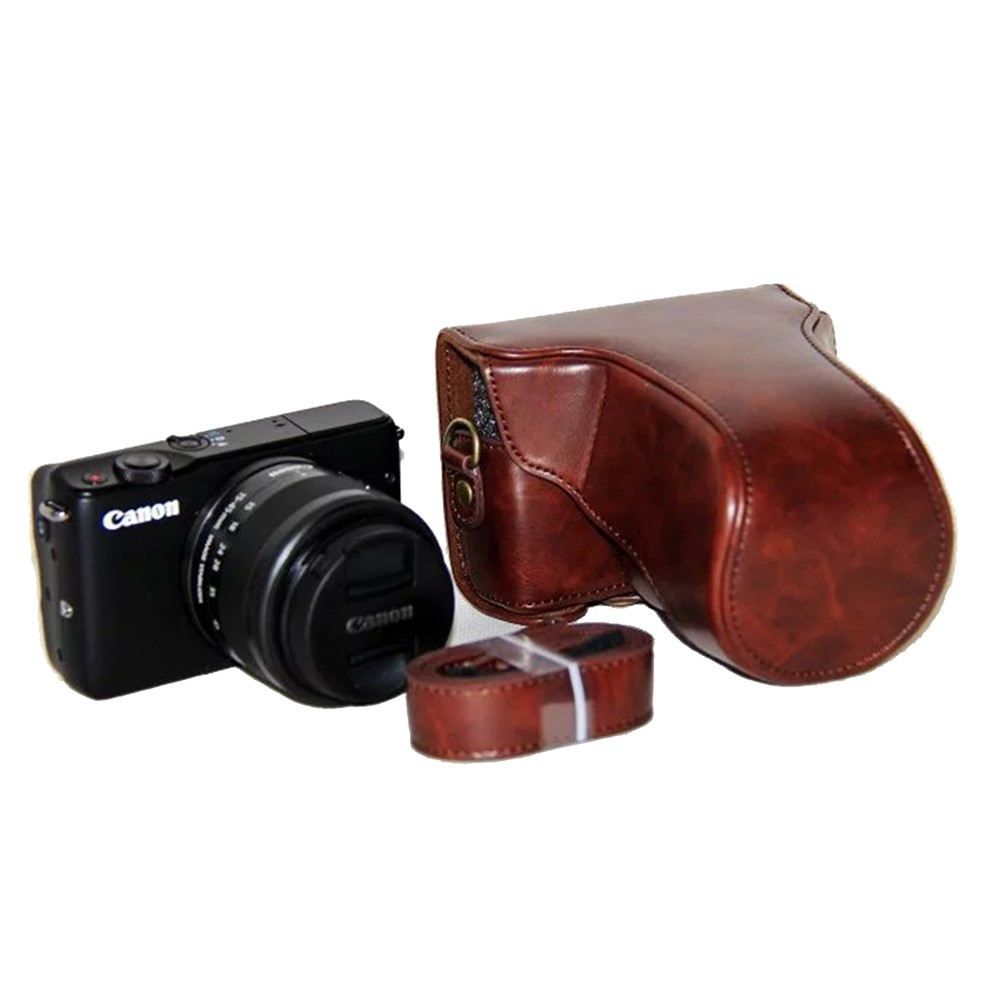 PU Leather Camera Protective Cover + Strap for Canon EOSM/EOSM2/EOSM 10 with 15-45mm Lens - Coffee-4