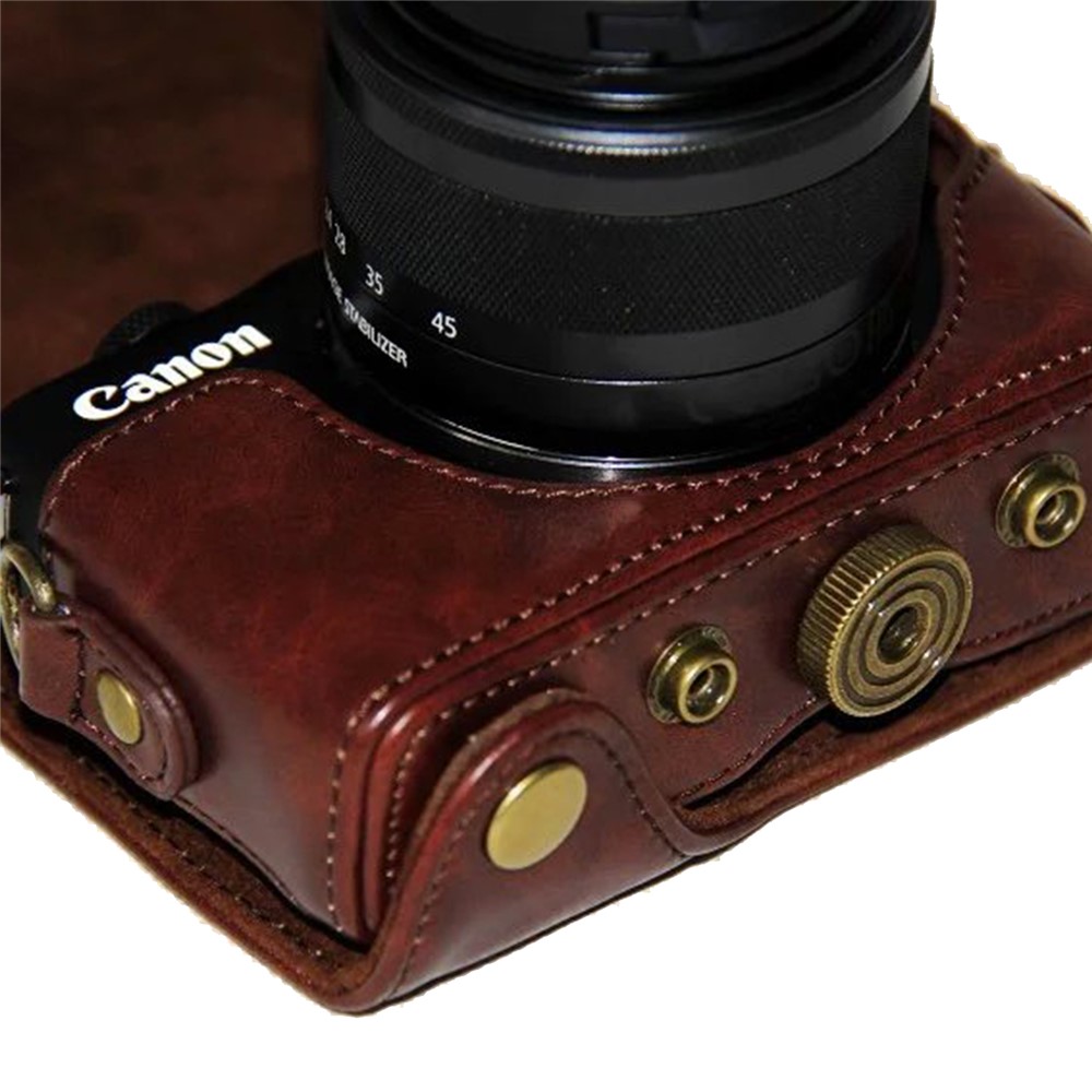 PU Leather Camera Protective Cover + Strap for Canon EOSM/EOSM2/EOSM 10 with 15-45mm Lens - Coffee-5