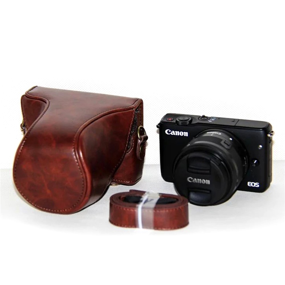 PU Leather Camera Protective Cover + Strap for Canon EOSM/EOSM2/EOSM 10 with 15-45mm Lens - Coffee-6