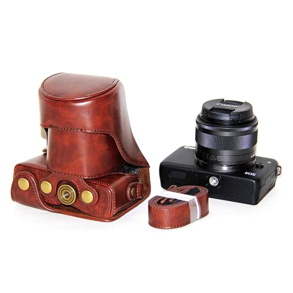 PU Leather Camera Protective Cover + Strap for Canon EOSM/EOSM2/EOSM 10 with 15-45mm Lens - Coffee-7