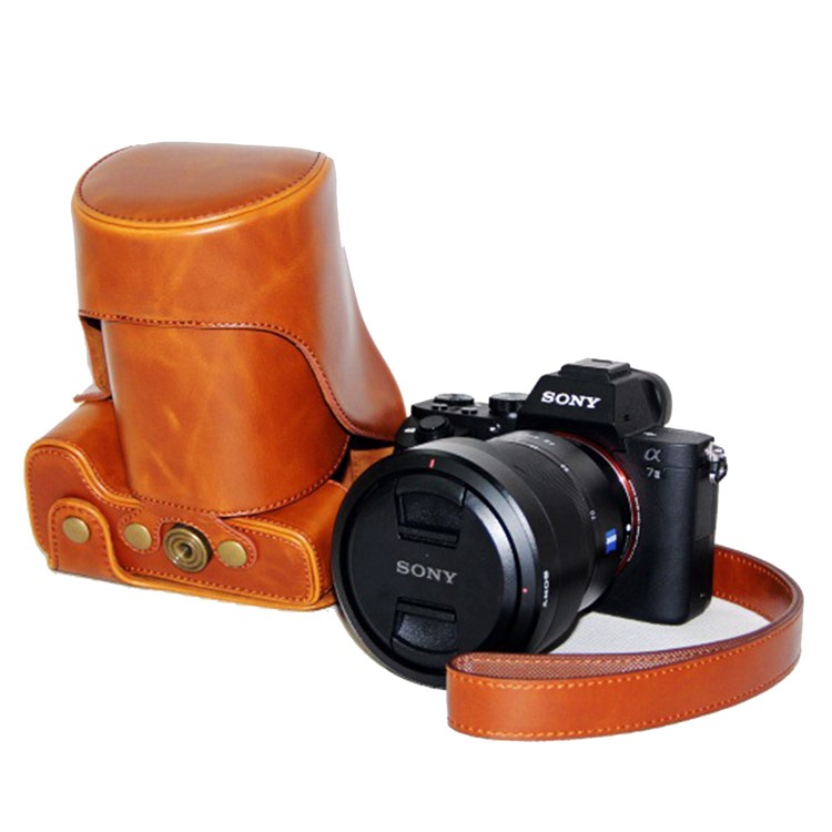 PU Leather Camera Protector Pouch + Shoulder Strap for Sony ILCE-7II/a7II/a7m2 - Brown-1