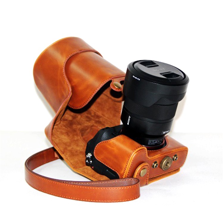 PU Leather Camera Protector Pouch + Shoulder Strap for Sony ILCE-7II/a7II/a7m2 - Brown-4