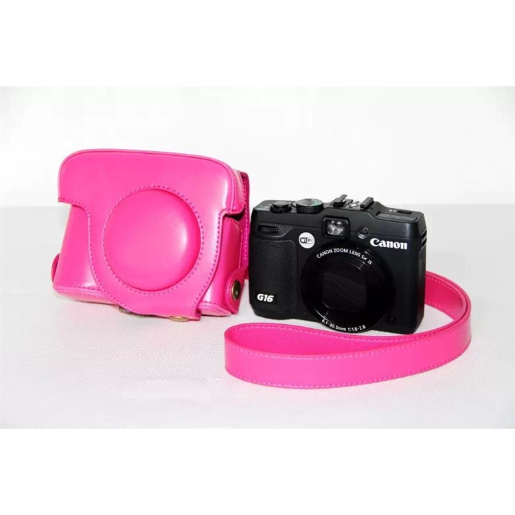 Pochette De Protection Pour Caméra En Cuir PU + Bandoulière Pour Canon Powershot G15 / G16 - Rose-2